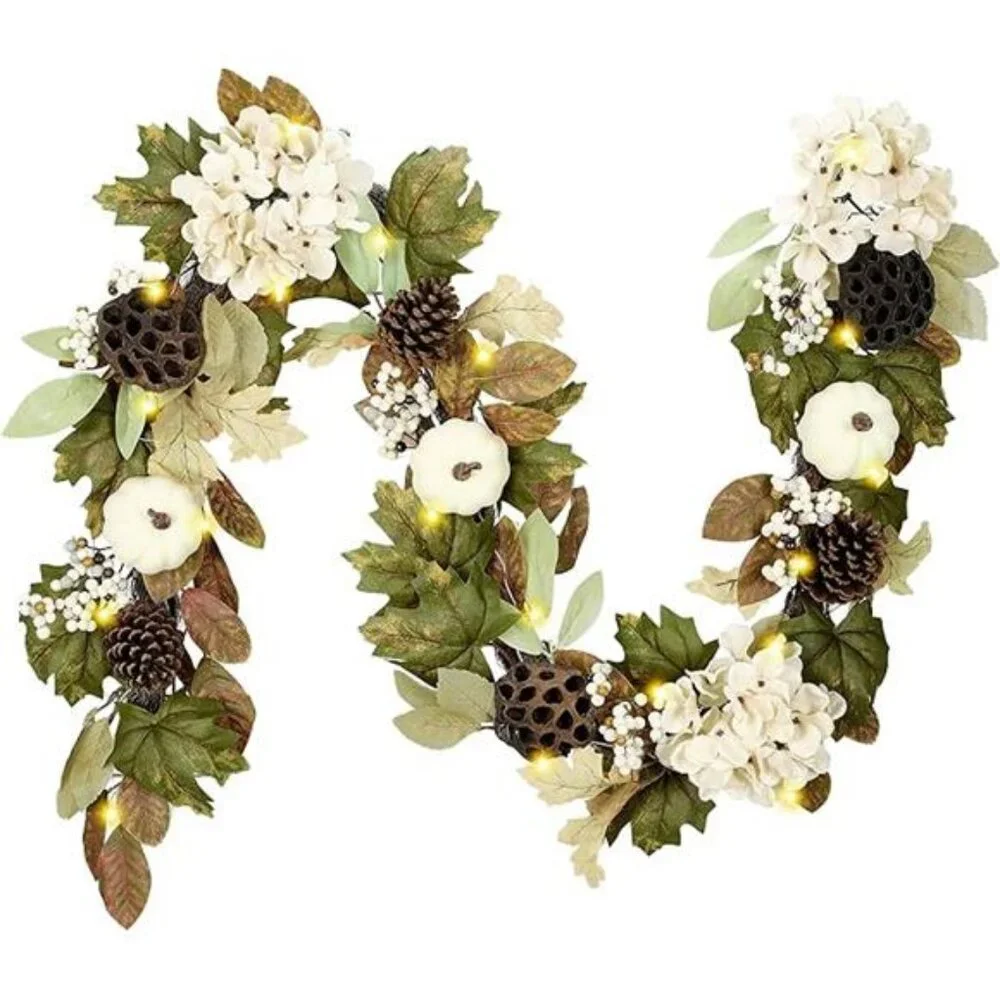 Fall Garland with Lights, 6 ft Artificial Autumn Harvest Garland